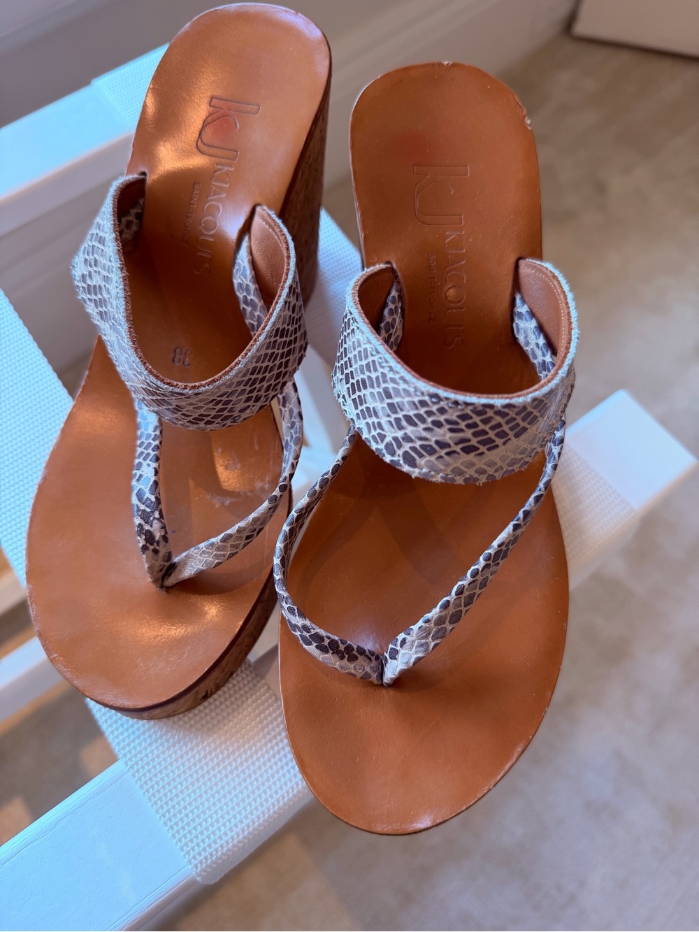 K.Jacques Tan Leather Wedge Sandals with Snake-Print Straps